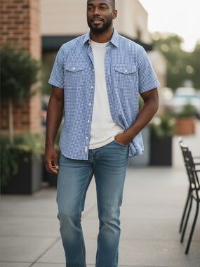 Paper Denim & Cloth Men Light Blue Short-Sleeve Button-Down Cotton Shirt